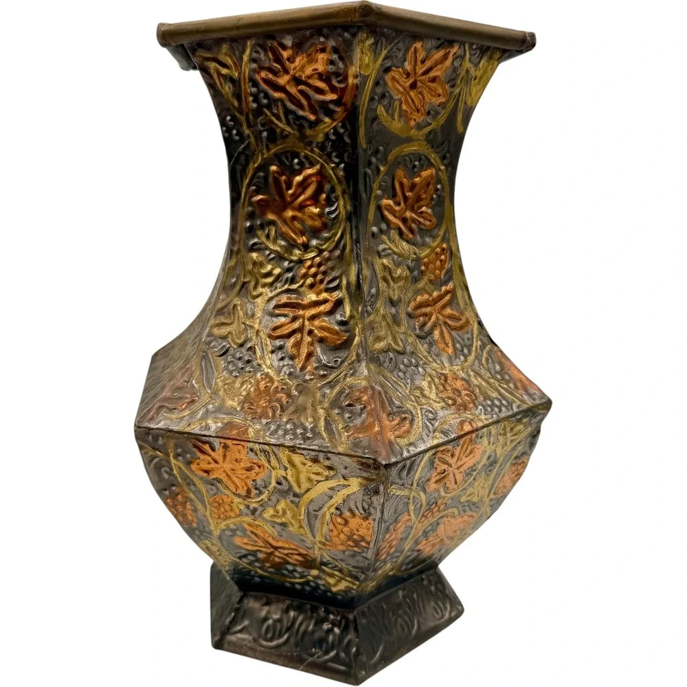 Vintage Mixed Metal Hexagonal Vase Embossed Leaf Design Made in India Good